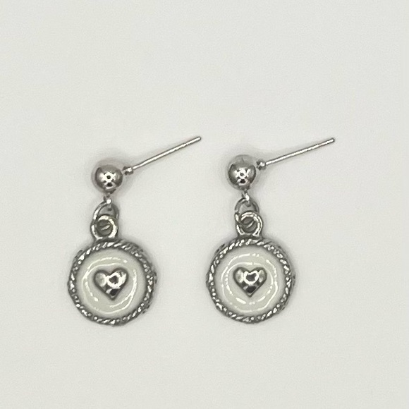 Hand Crafted Jewelry - Silver Heart Drop Earrings with White Enamel